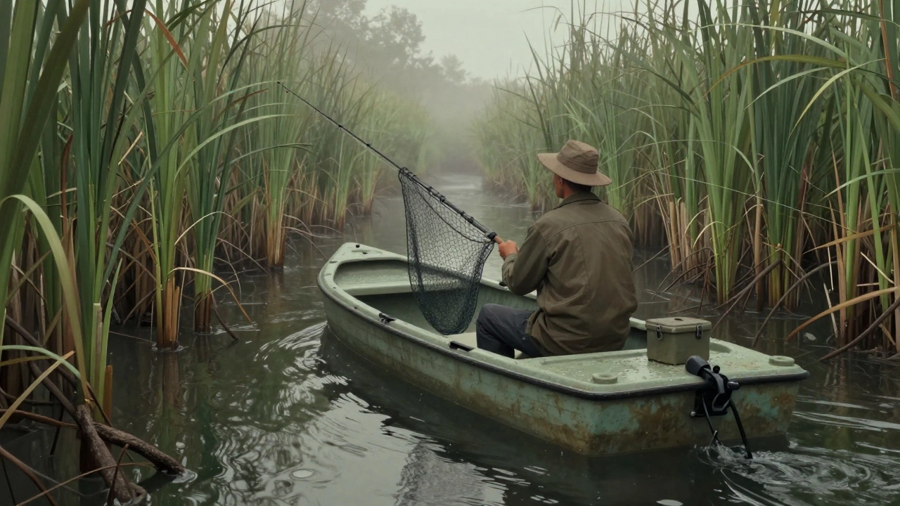 Рыбак в пластиковом катамаране проплывает через заросший речной проток среди тростника и коряг.