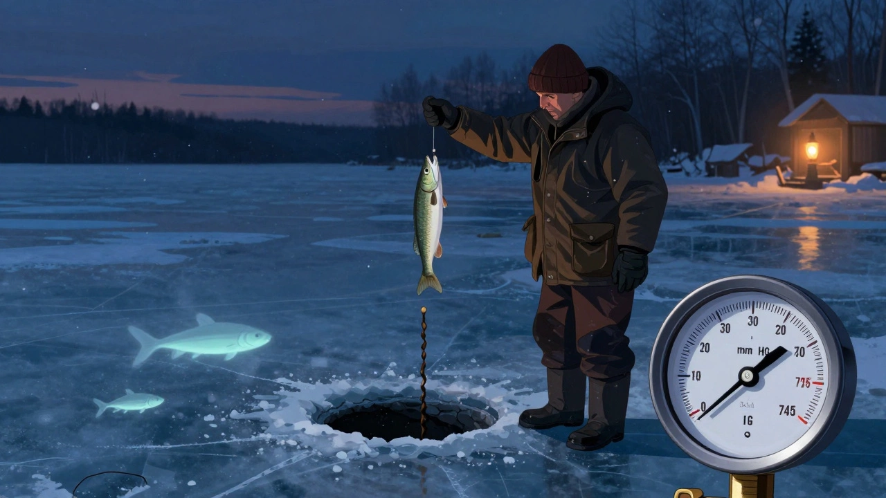 Рыбак в сумерках ловит рыбу на мормышку, под льдом видны силуэты рыб, падает снег.