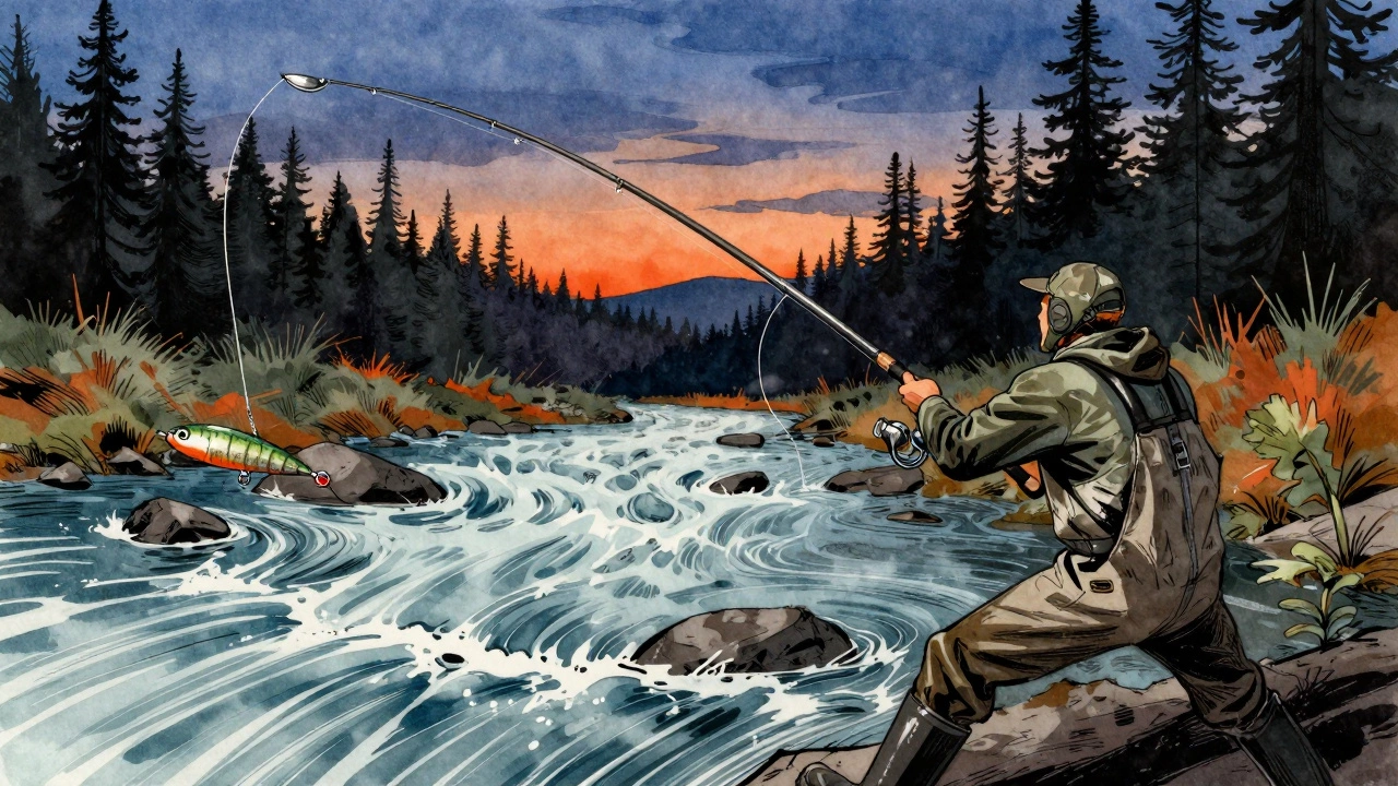 Рыбак забрасывает блесну в быструю реку, удочка изогнута, леска натянута, на фоне сумерек.