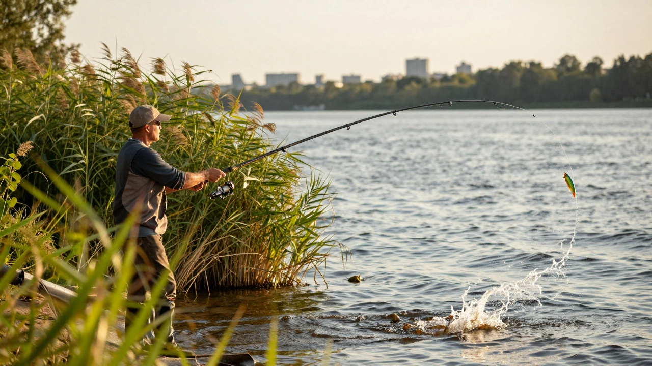 Рыбак забрасывает спиннинг на реке Неве, приманка в воздухе, золотой закат.