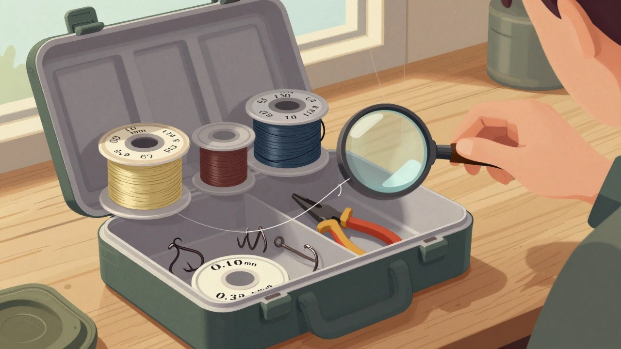 Рыболовная коробка с катушками лески разных диаметров и снастями на деревянном столе.