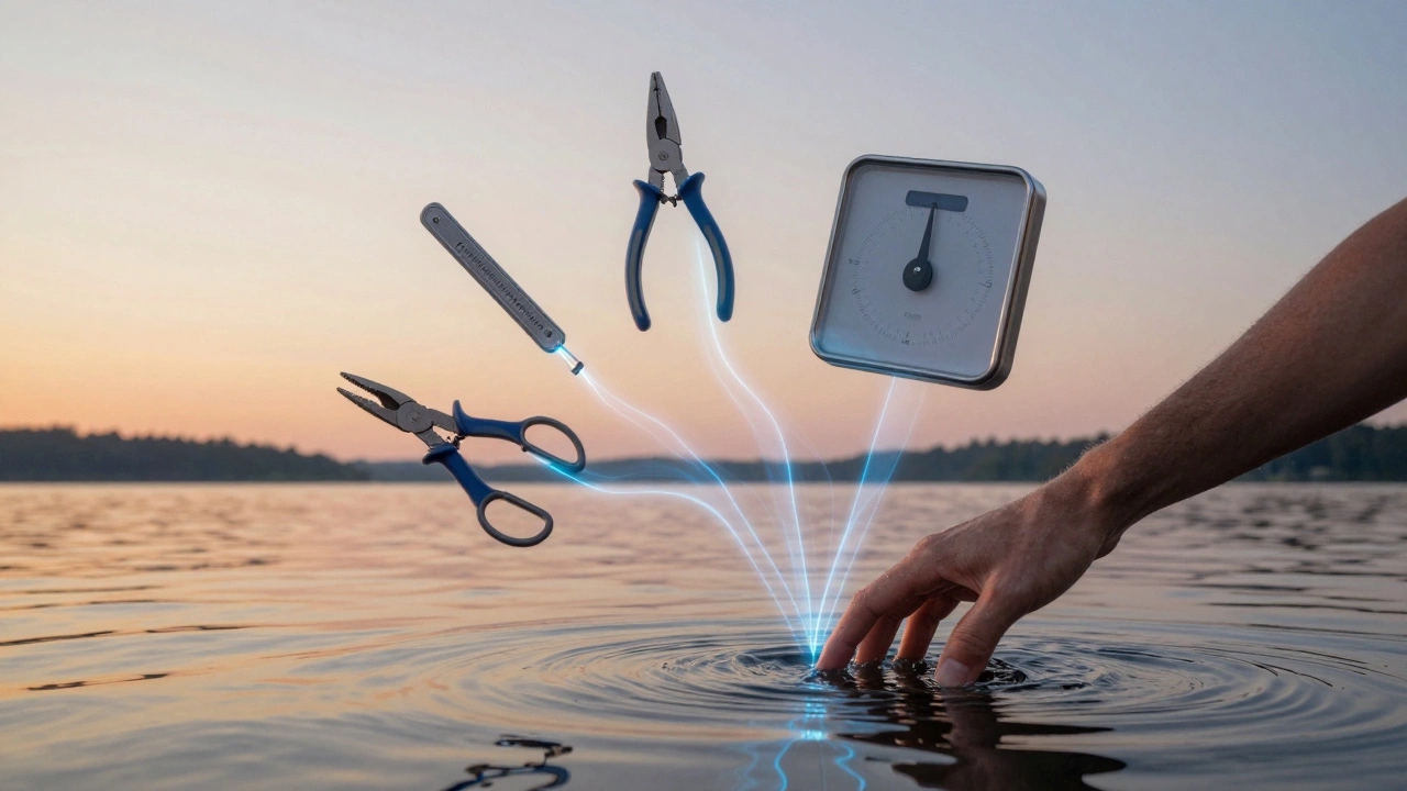 Рыболовные инструменты парят над озером, соединённые энергетическими линиями с руками.