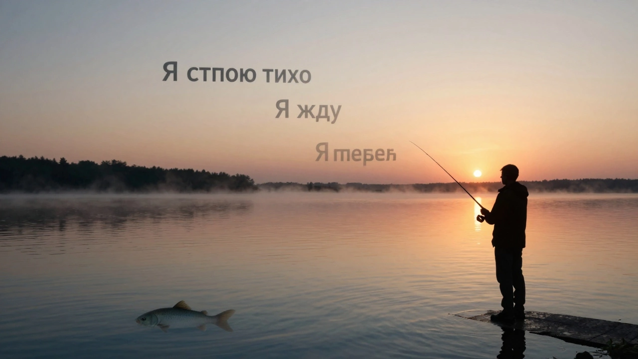 Силуэт рыбака на закате, слова растворяются в воде, рыба плавает спокойно внизу.