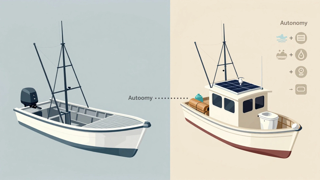 Сравнение лодки и яхты: слева — открытая палуба, справа — с каютой, баком и солнечной панелью