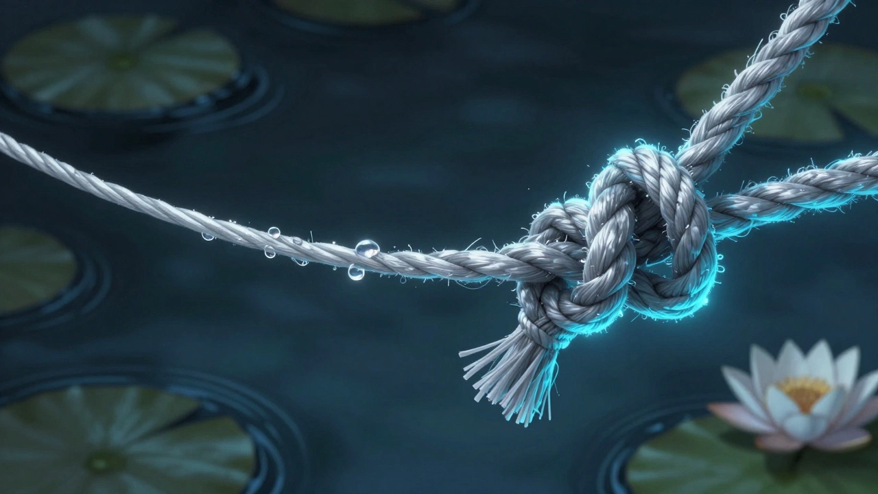 Сравнение слабого и прочного узла на леске: один скользит, другой надежно затянут, капли воды и рябь.