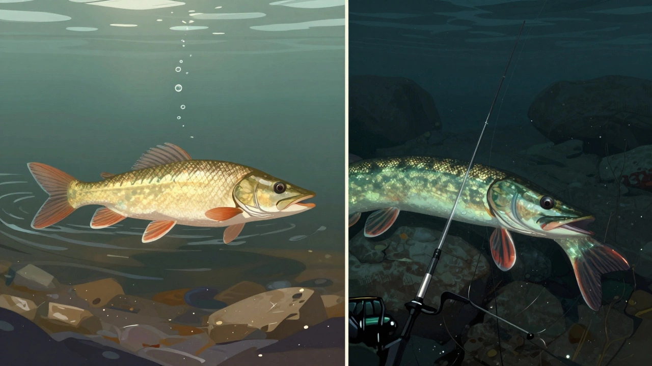 Сравнение тонкого и толстого поводков: один для осторожной рыбы в прозрачной воде, другой — для хищника в каменистом течении.