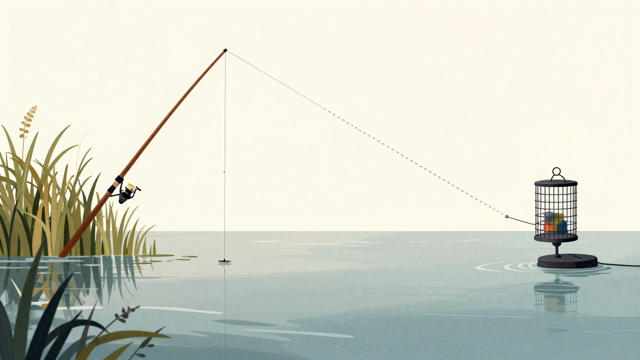 Сравнение удочки и фидера в двух сценах: пруд и река.