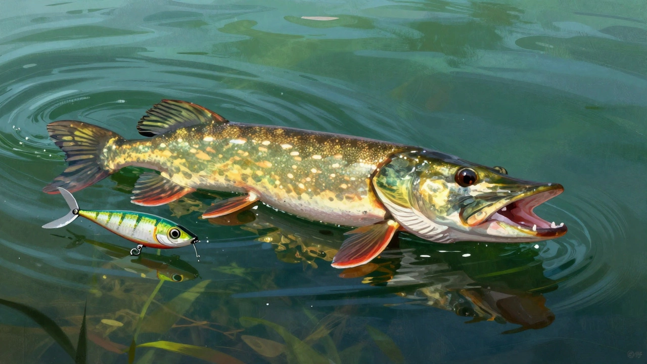 Щука атакует блесну в чистой летней воде под солнечными бликами.