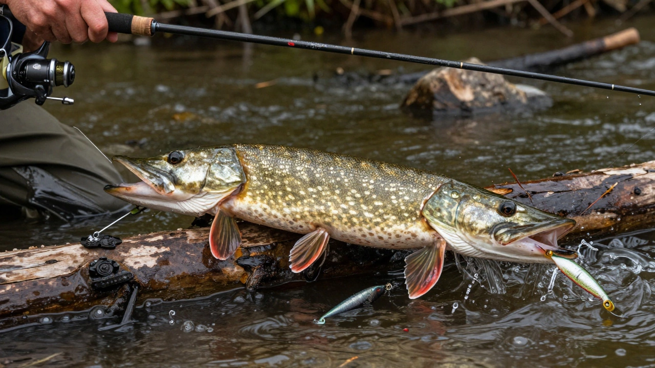 Щука атакует приманку в мутной реке, поводок натянут между камнями и корягами.
