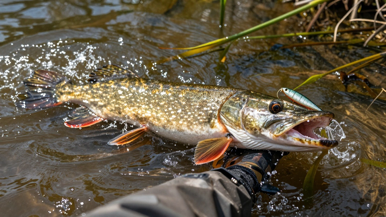 Щука атакует воблер в мутной воде весной, брызги воды и агрессивный захват рыбы.