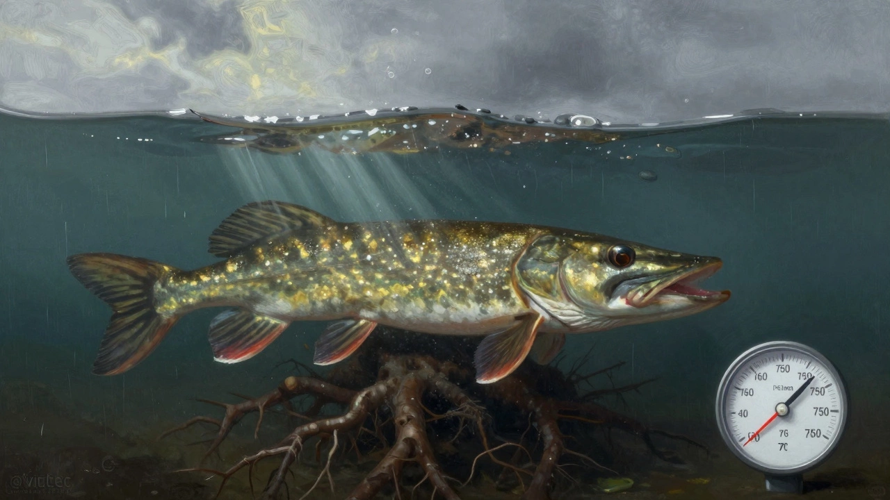 Щука в укрытии под корягами в холодной воде, над ней — падающее давление и пасмурное небо.