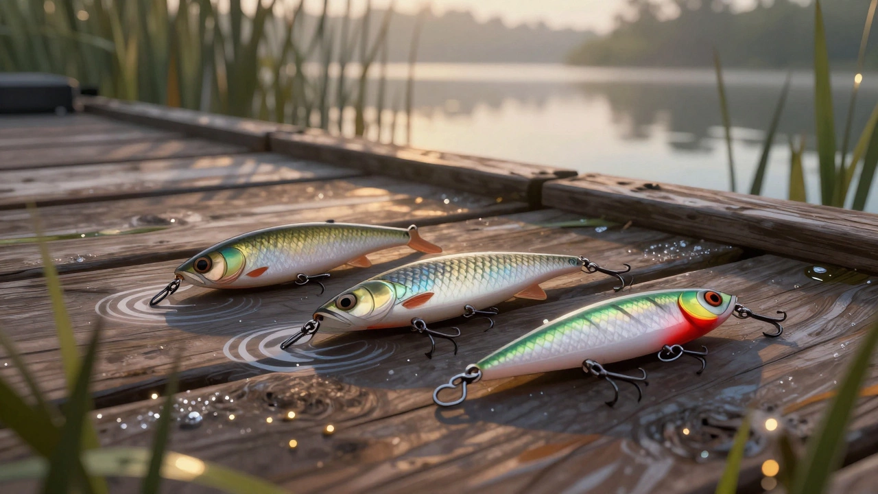 Три проверенные приманки на деревянном причале: живец, воблер и силиконовый джиг при утреннем свете.