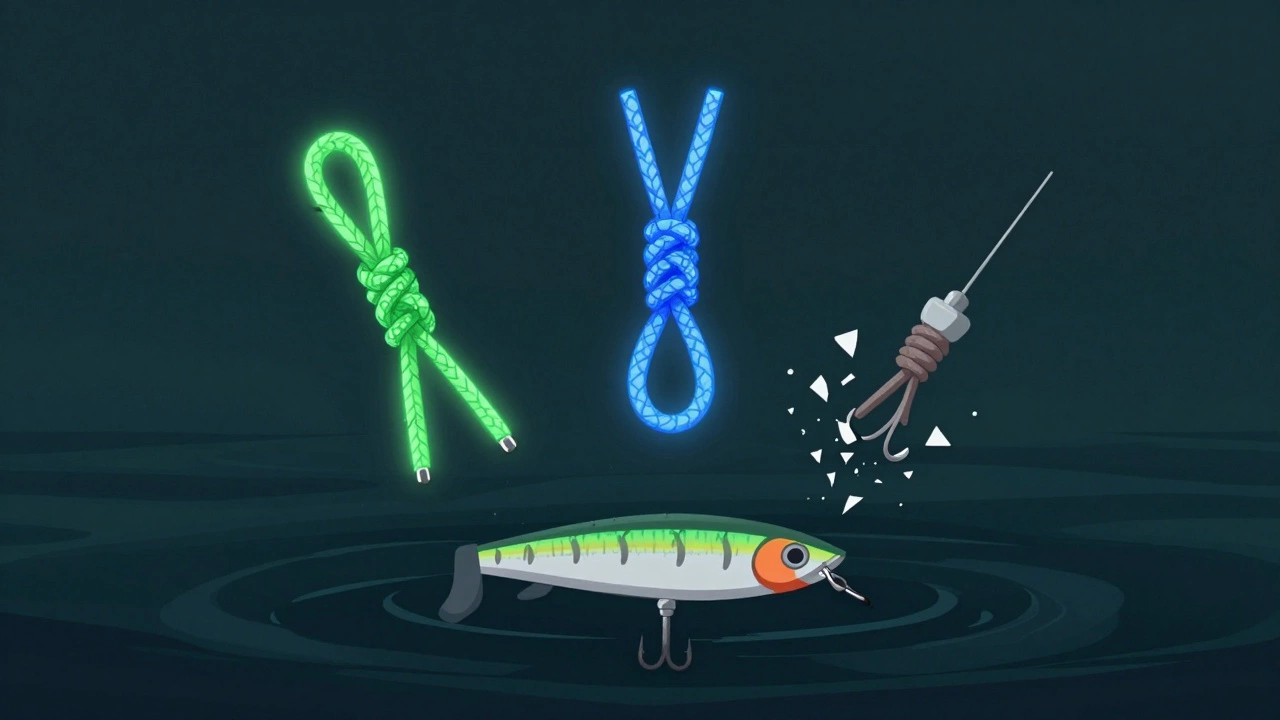 Три рыболовных узла в воздухе: Гриннер и восьмерка светятся, Клинч разрушен.