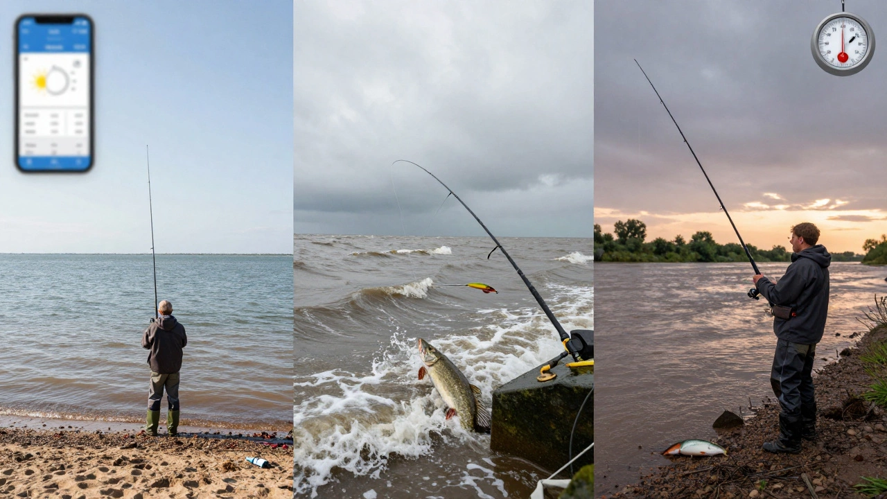 Три сцены рыбалки: тихий солнечный день, ветреная пасмурная погода и дождь — сравнение клёва щуки.