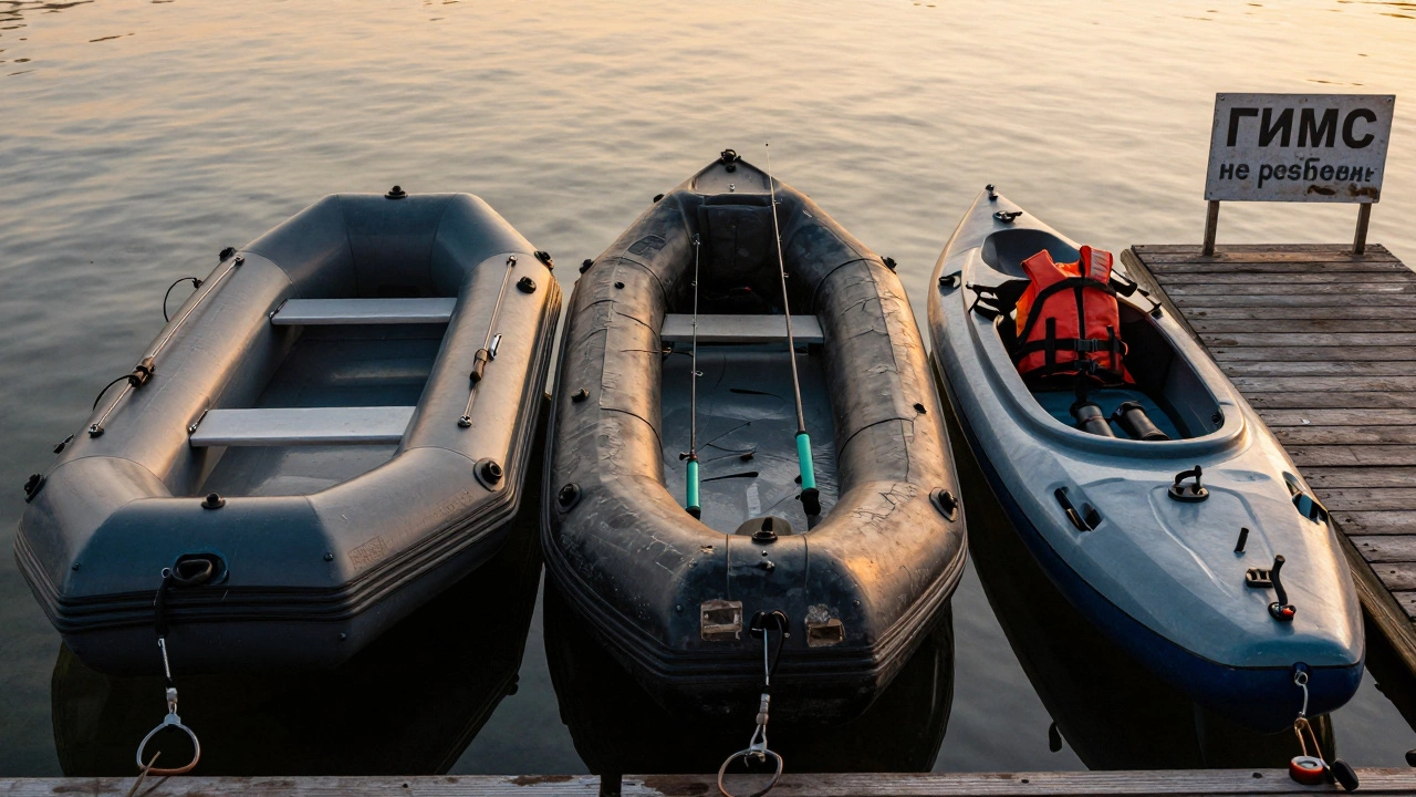 Три типа мини-лодок на причале: надувная, резиновая и каяк, с снаряжением и надписью 'ГИМС не требуется'.