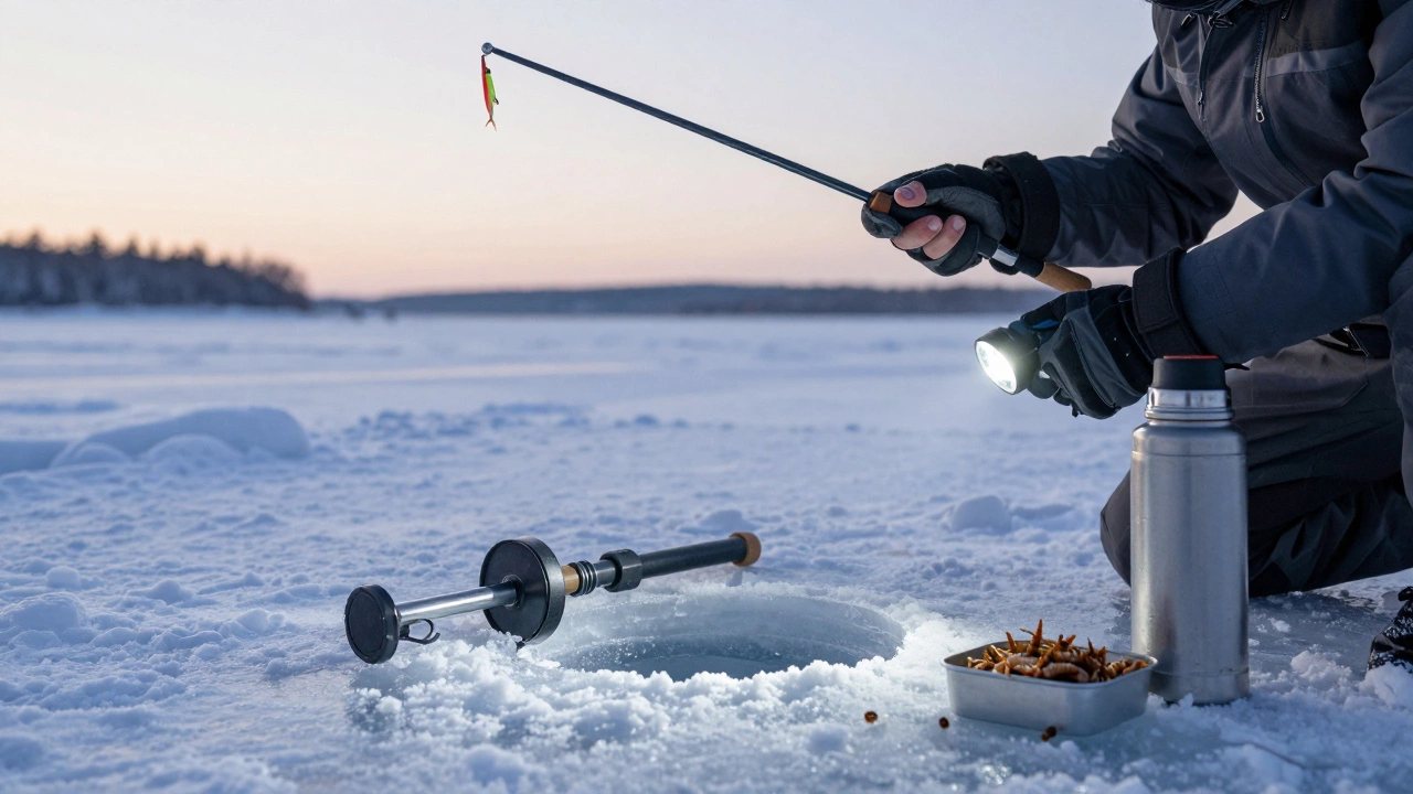 Зимний рыбак на льду Ладоги с мормышкой, ледобур и фонарик, вокруг — снег и ледяная дыра.