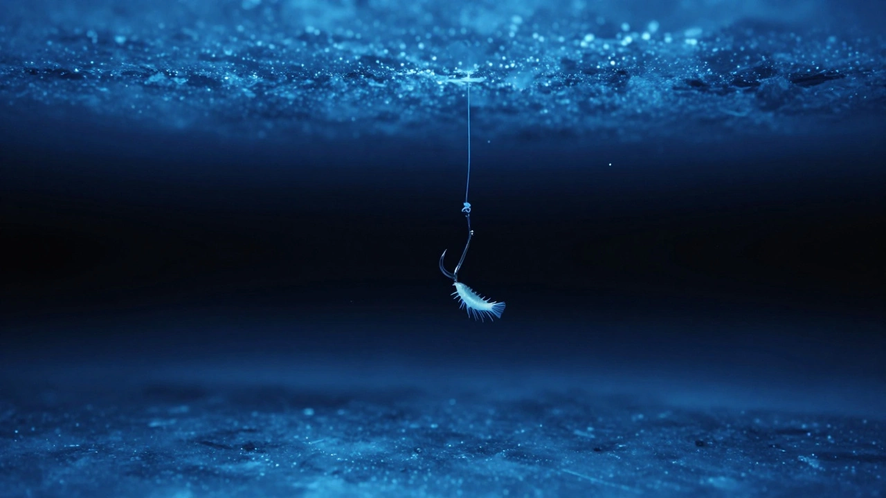 Зимой балансир с мотылём на крючке парит над дном под льдом.