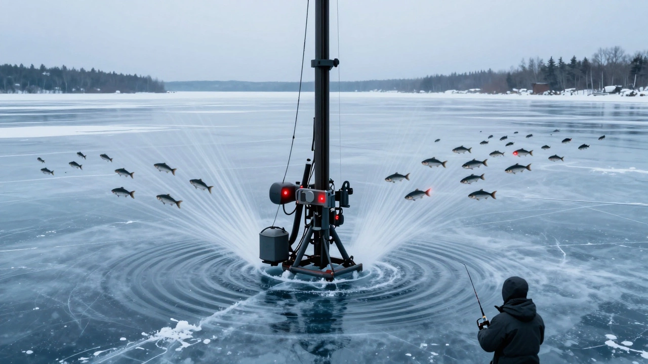 Звуковые волны от бура на льду, рыба уплывает вдалеке, спасаясь от шума.