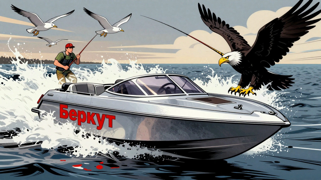 Алюминиевая лодка 'Беркут' в бурных волнах озера Ладога, с силуэтом орла над водой.