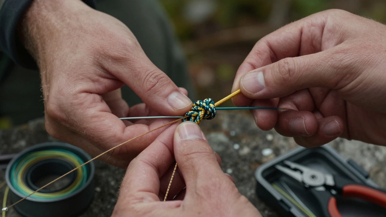 Близкий план рук, завязывающих двойной узел Монте на двух типах рыболовных шнуров под утренним светом.
