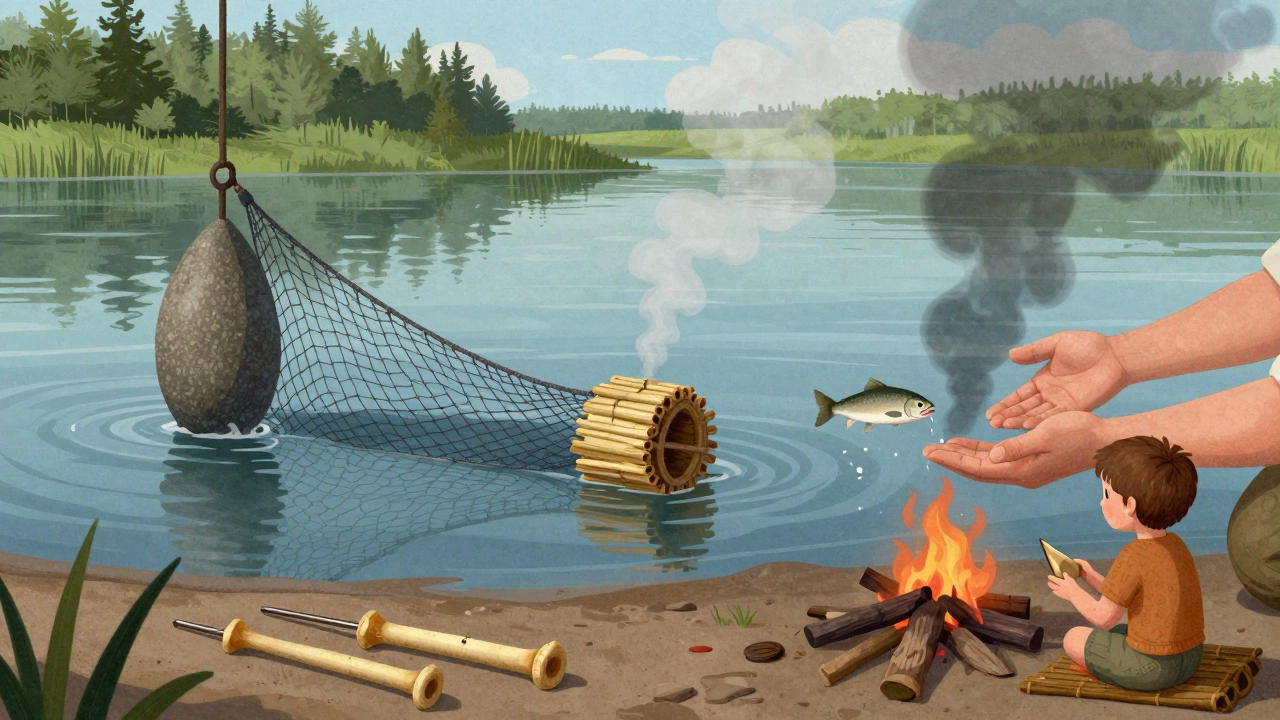 Древние рыболовные орудия: грузило, поплавок и костяные крючки на берегу.