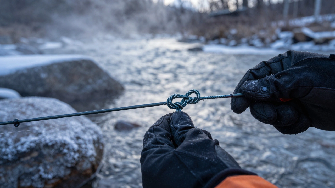 Два шнура соединены биндером на льду реки, руки в перчатках затягивают узел под зимним светом.