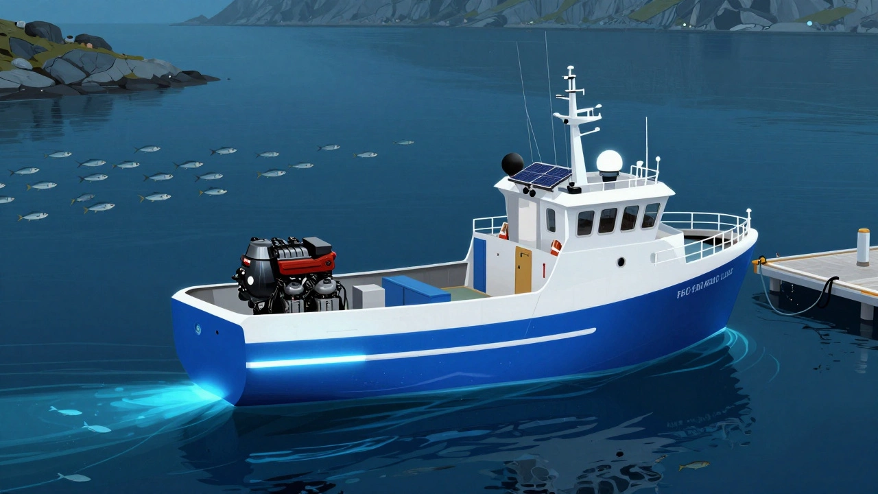 Гибридная электрическая лодка в фьорде, тихо движется среди рыбы, солнечные панели сверху.