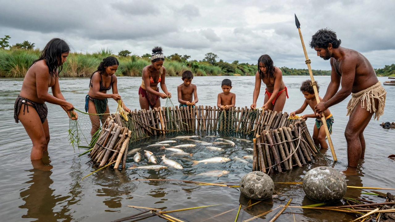 Группа людей ловит рыбу в ловушке из веток, женщины плетут сети.