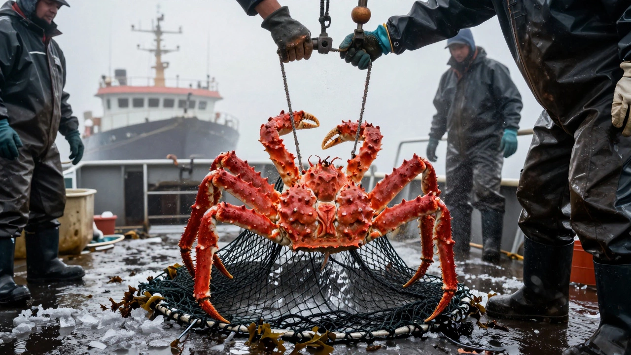 Камчатский краб поднимают из сети на судне у Сахалина, работники в защитной одежде.