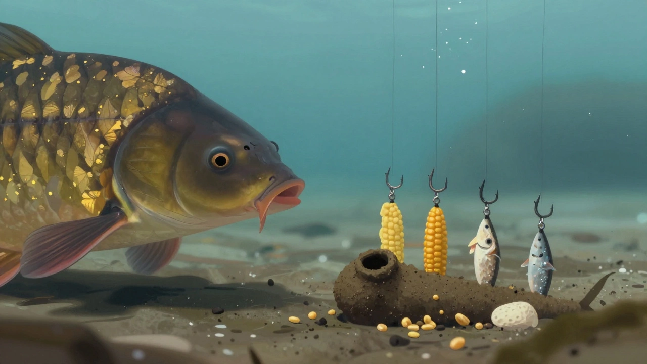 Карп осторожно исследует снасть с крючками, насаженными на кукурузу и перловку.