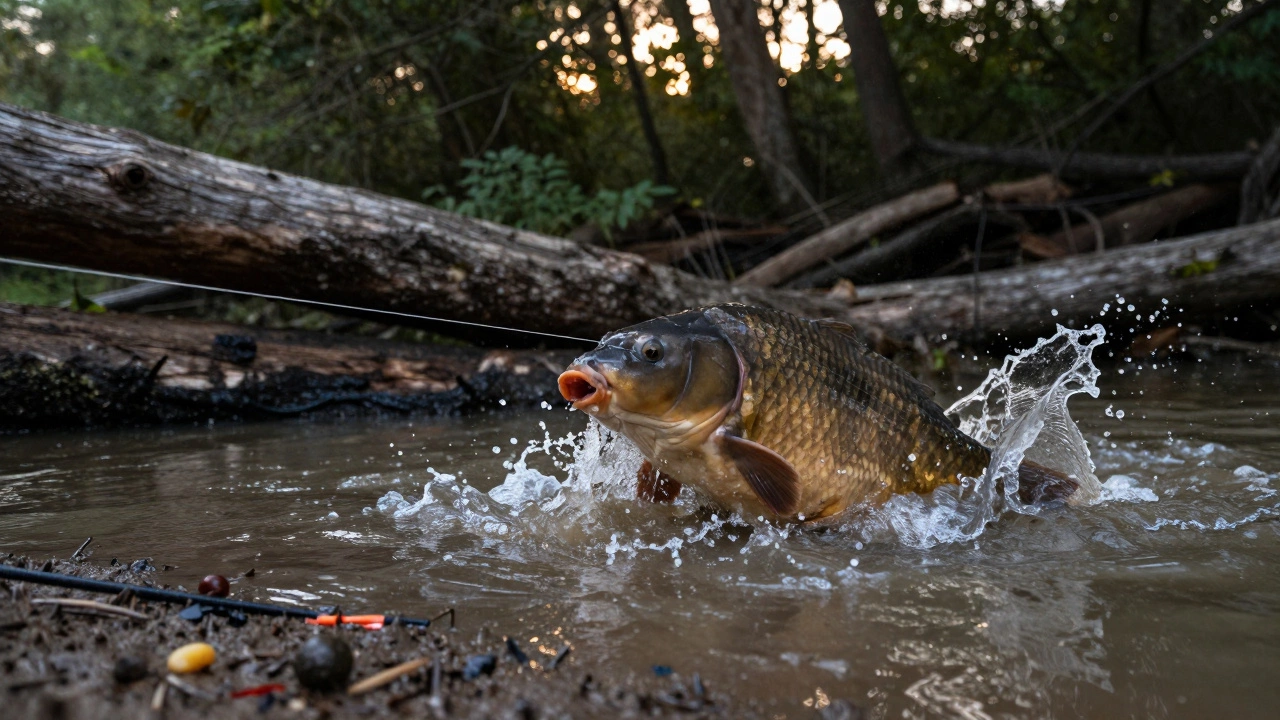 Карп весом более 5 кг рвется в воде, натягивая леску толщиной 0,25 мм среди коряг.