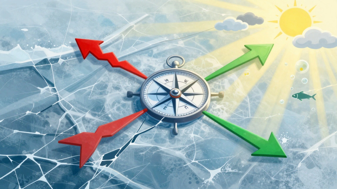 Компас над льдом: красные стрелки — ветер враг, зеленые — ветер друг, рыба активна или спит.