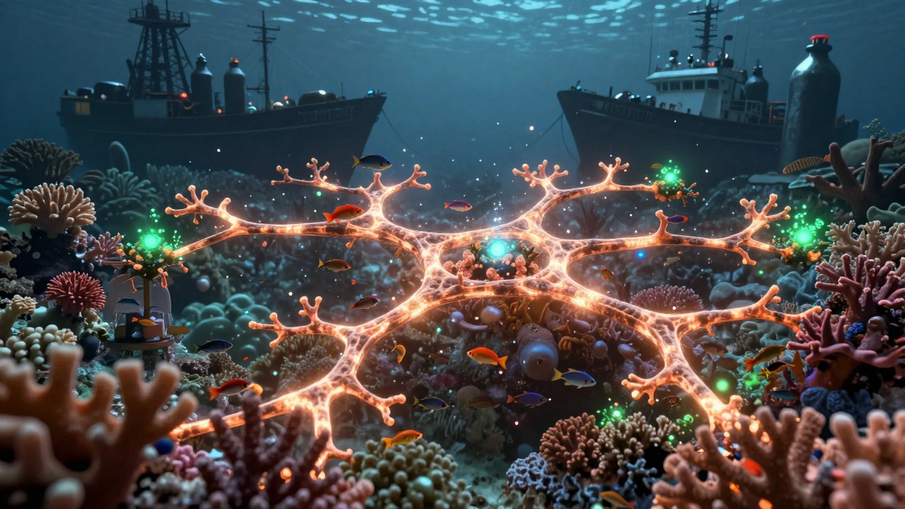 Коралловый риф как светящаяся сеть, с рыбами как частицами, в тени — разрушительные методы ловли.