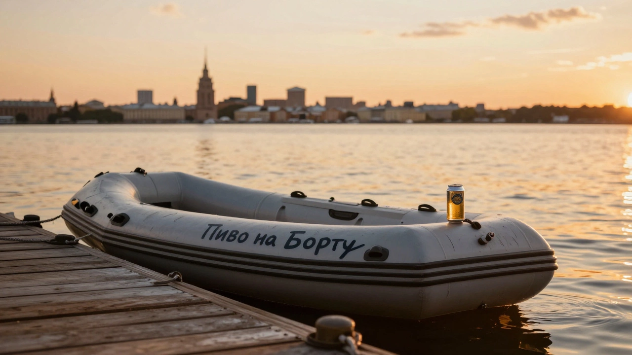 Надувная лодка с названием 'Пиво на Борту' на причале в Санкт-Петербурге на закате.
