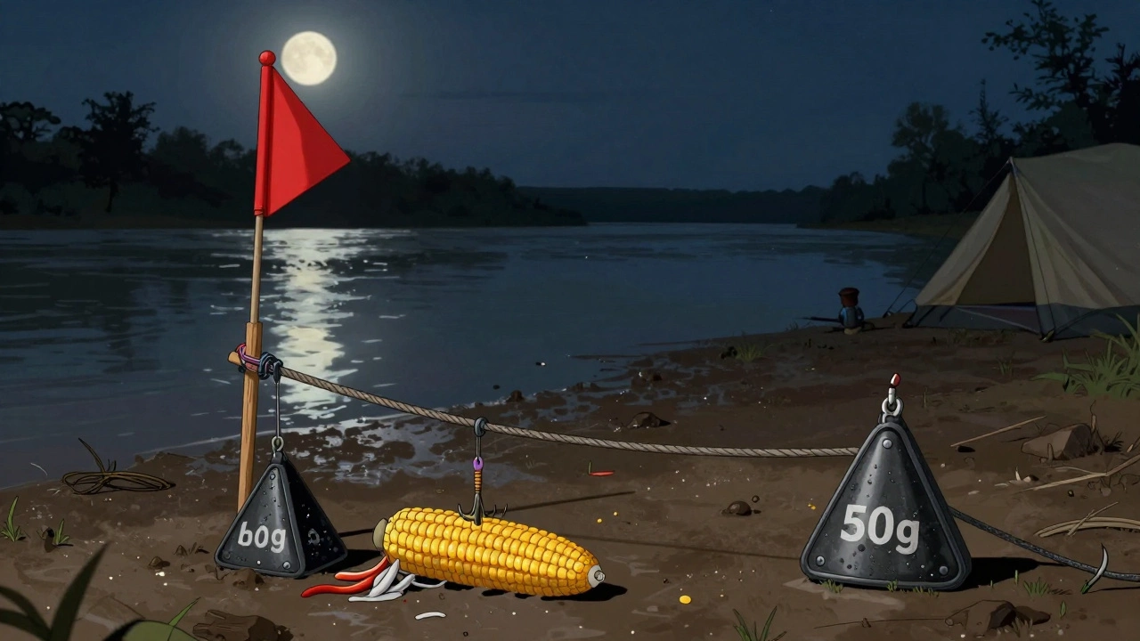 Ночная донка с тяжелым грузилом, красным флажком и толстой леской на берегу реки под луной.