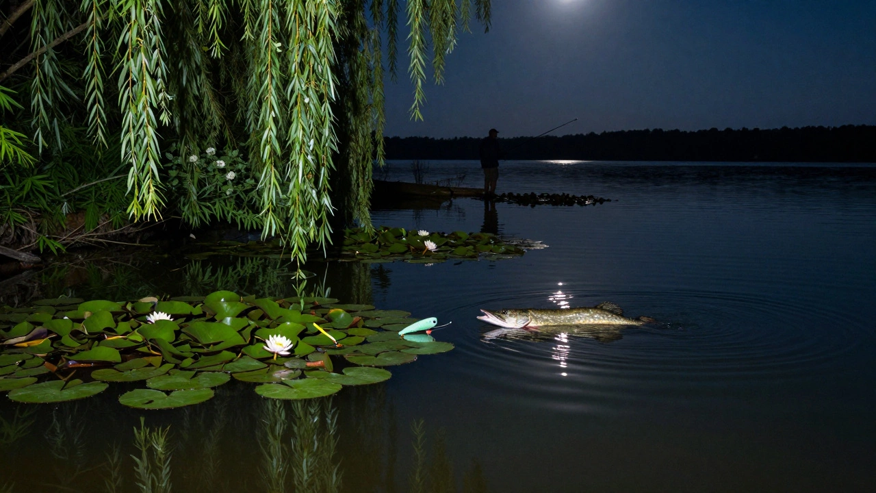 Ночная охота щуки у берега в июле, в тени кустов, под лунным светом.