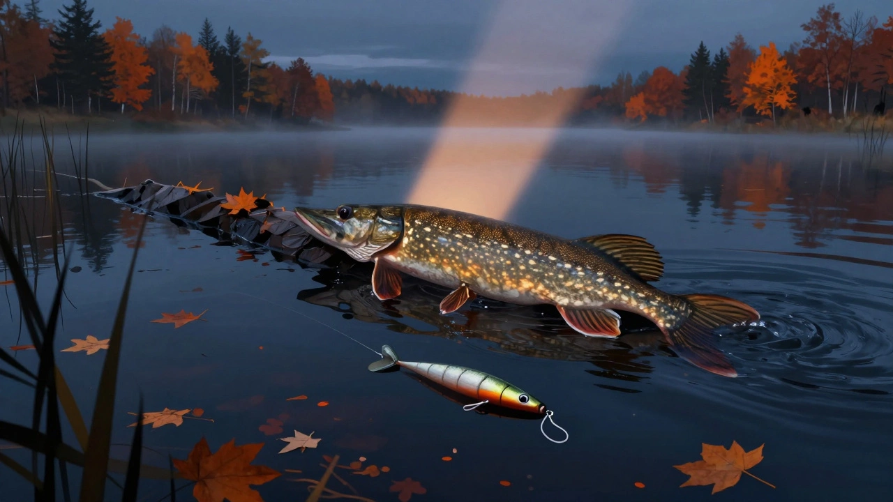 Октябрьская щука охотится в тумане на глубине, крупная приманка опускается, осенние листья на поверхности воды.