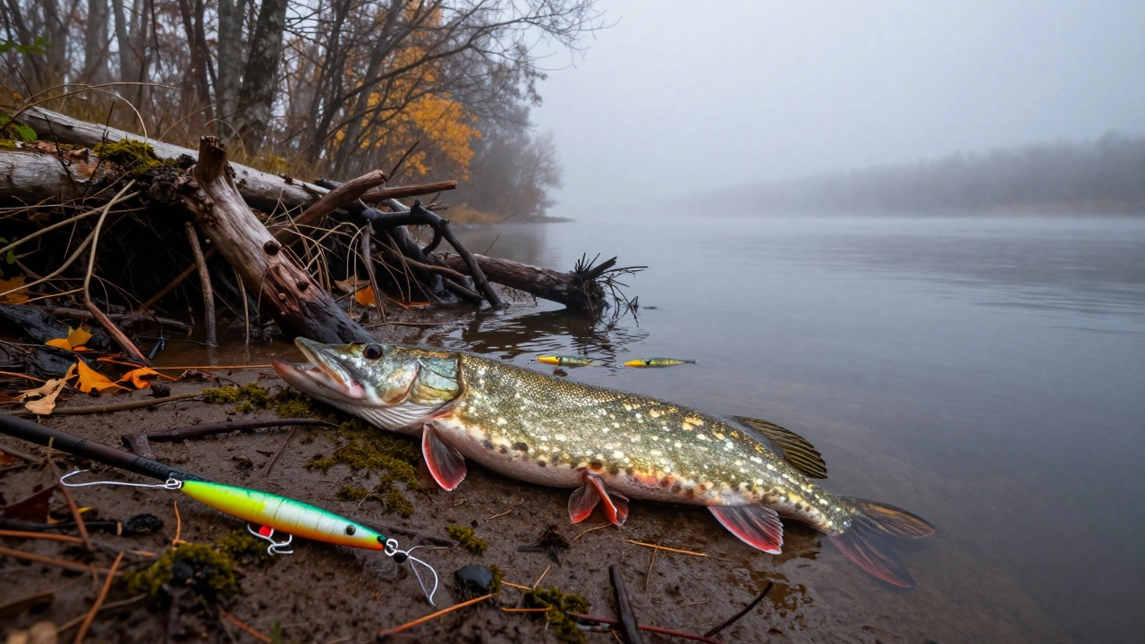 Осенняя щука размером более 5 кг атакует стаю окуня в тумане у обрыва.