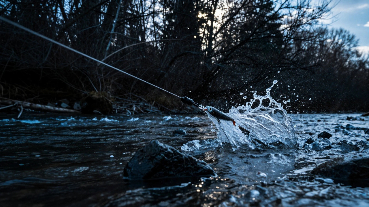 Плетеный шнур с узлом грайннер выдерживает резкий рывок приманки под водой, брызги воды вокруг.
