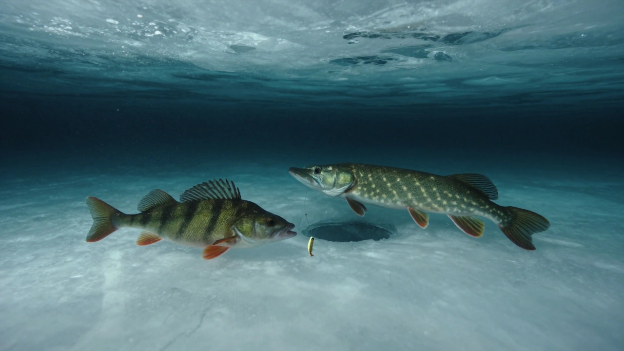 Подледная рыба — окунь и щука — медленно исследуют приманку в холодной, тусклой воде.