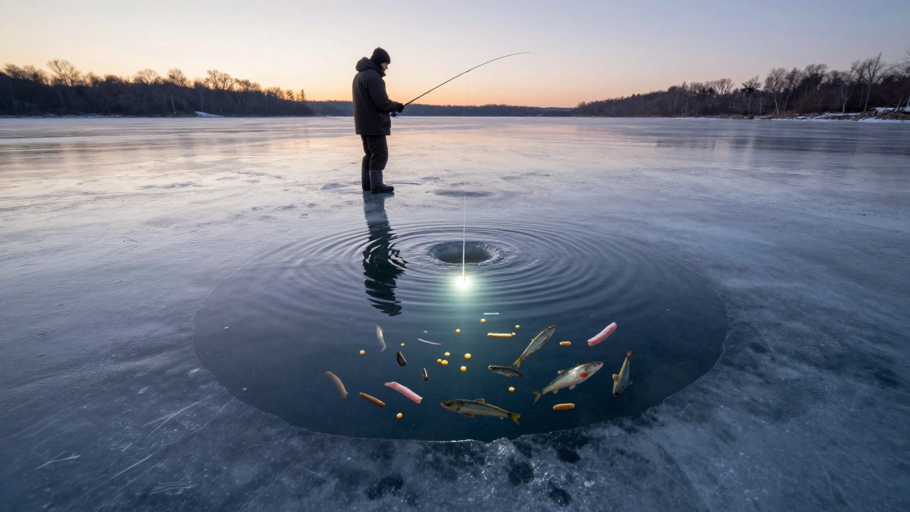 Подо льдом — живые наживки привлекают рыбу, а рыбак ловит на лунке в зимнем озере.