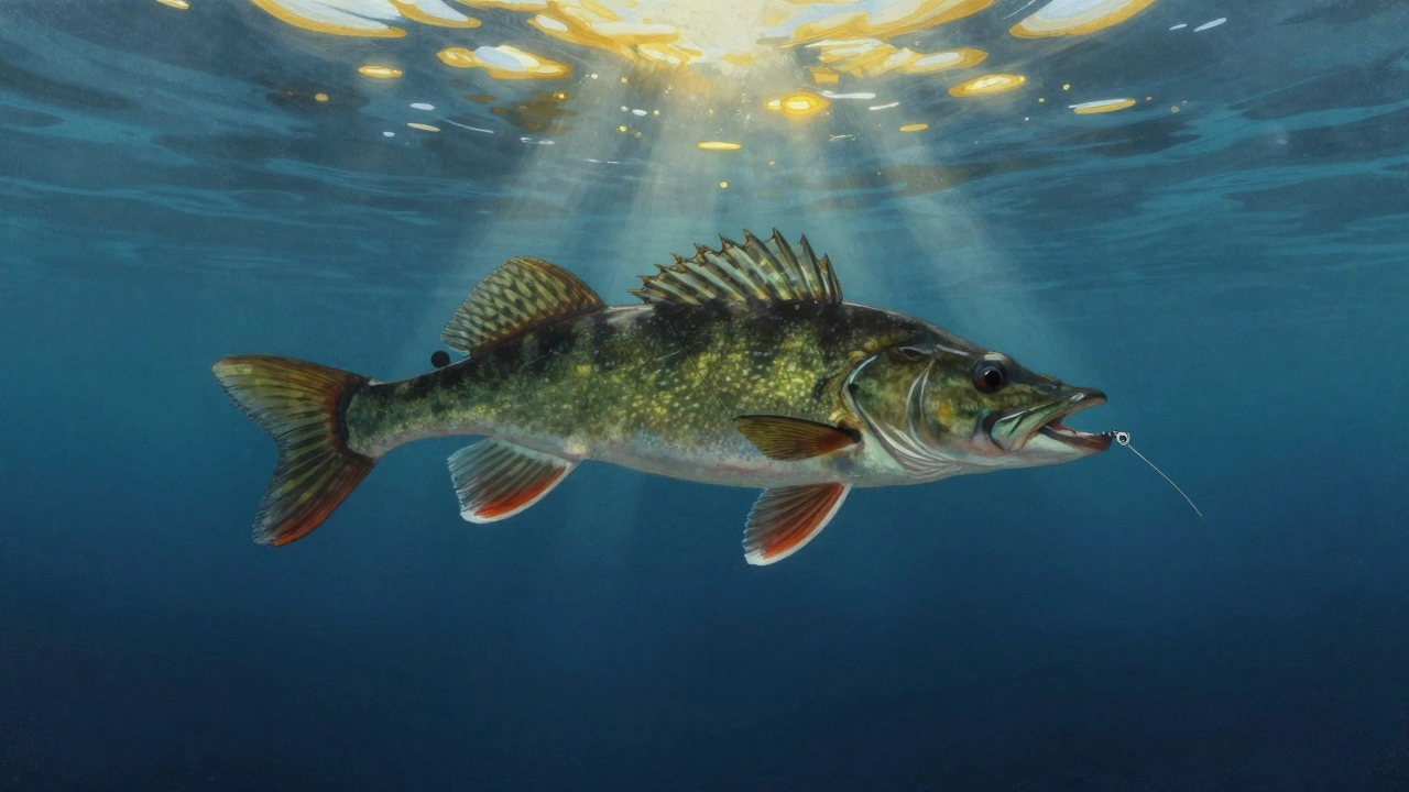 Прозрачная вода озера, где тёмно-зелёная приманка имитирует окуня, а щука наблюдает снизу.
