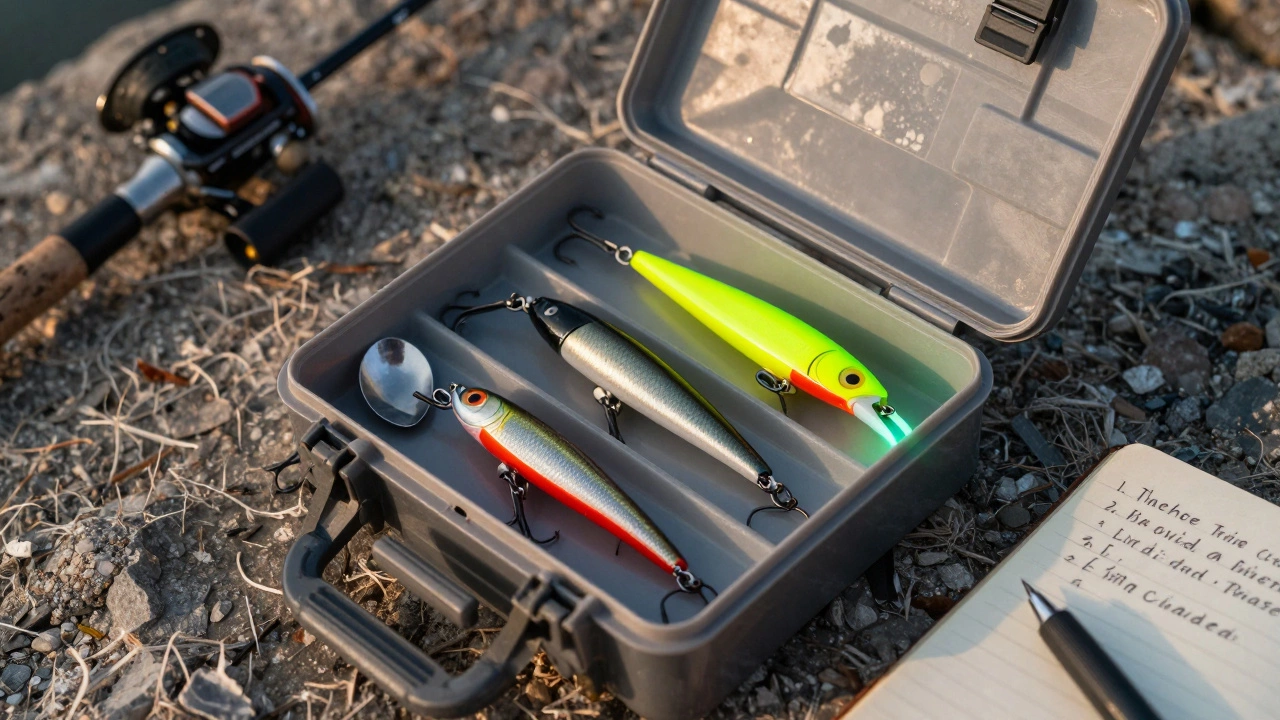 Раскрытый ящик снастей с тремя ключевыми приманками: серебряной, чёрной и красной, с едва заметным УФ-светом.