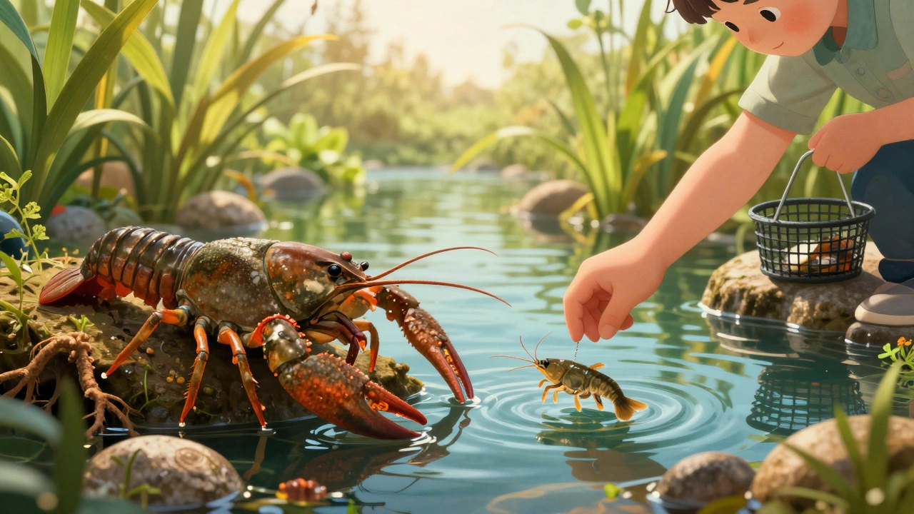 Ребёнок отпускает мелкого рака в чистую реку, взрослый проверяет ловушку.