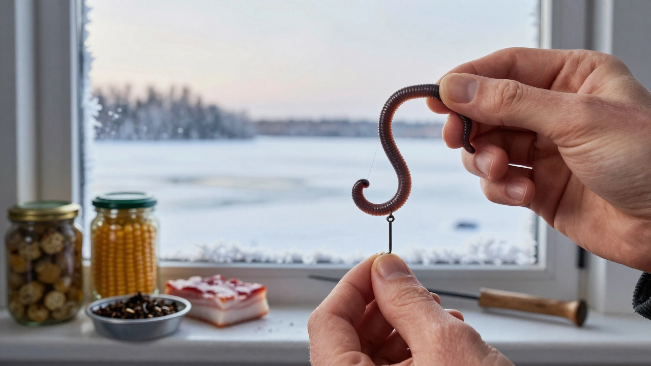 Рука насаживает дождевого червя на крючок, на фоне морозного окна и замороженного озера.