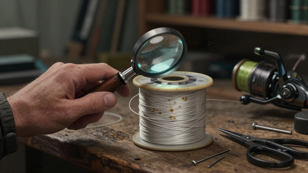 Рука рыбака осматривает поврежденную леску 0,30 мм под лупой в мастерской.