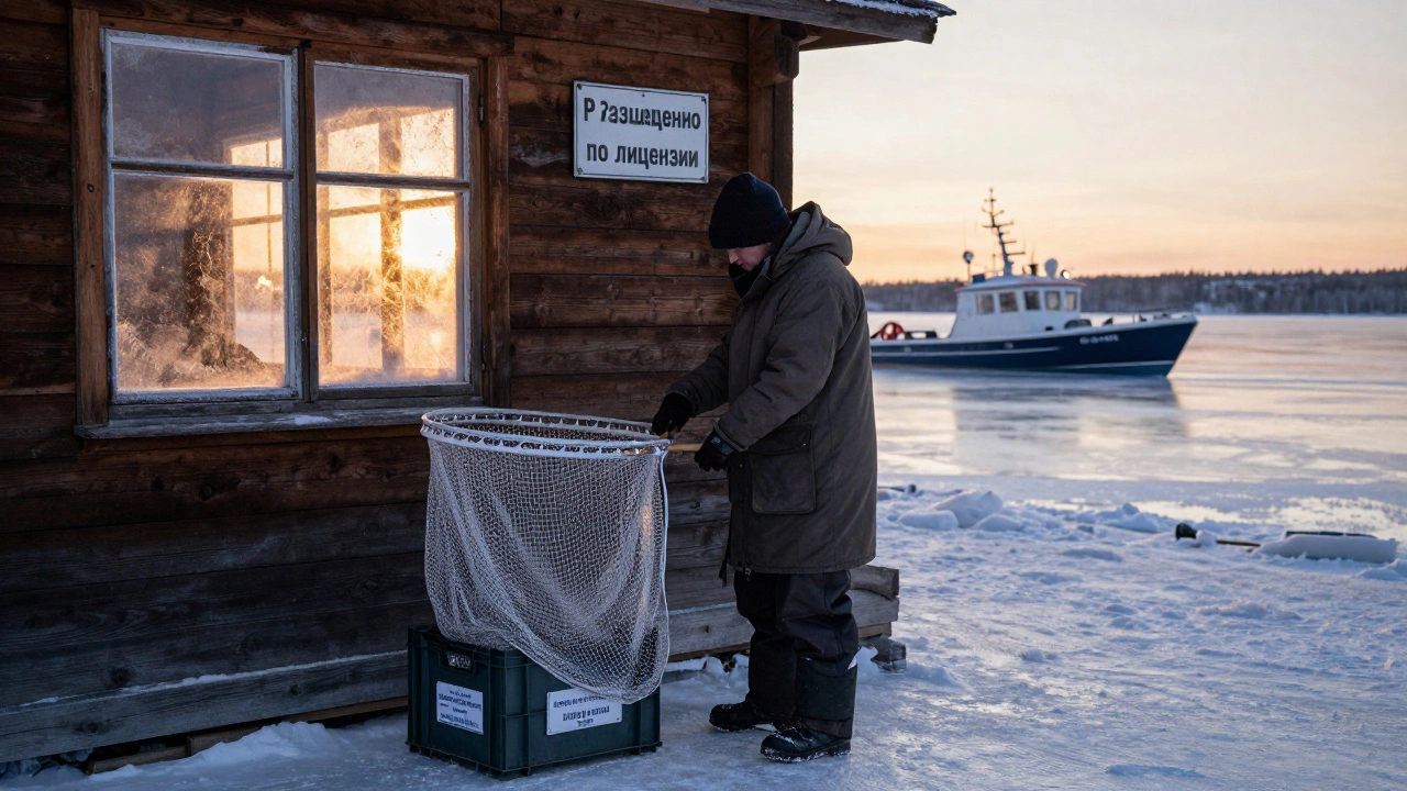 Рыбак хранит легальную сеть в помеченном ящике в гараже, за окном — патрульная лодка.