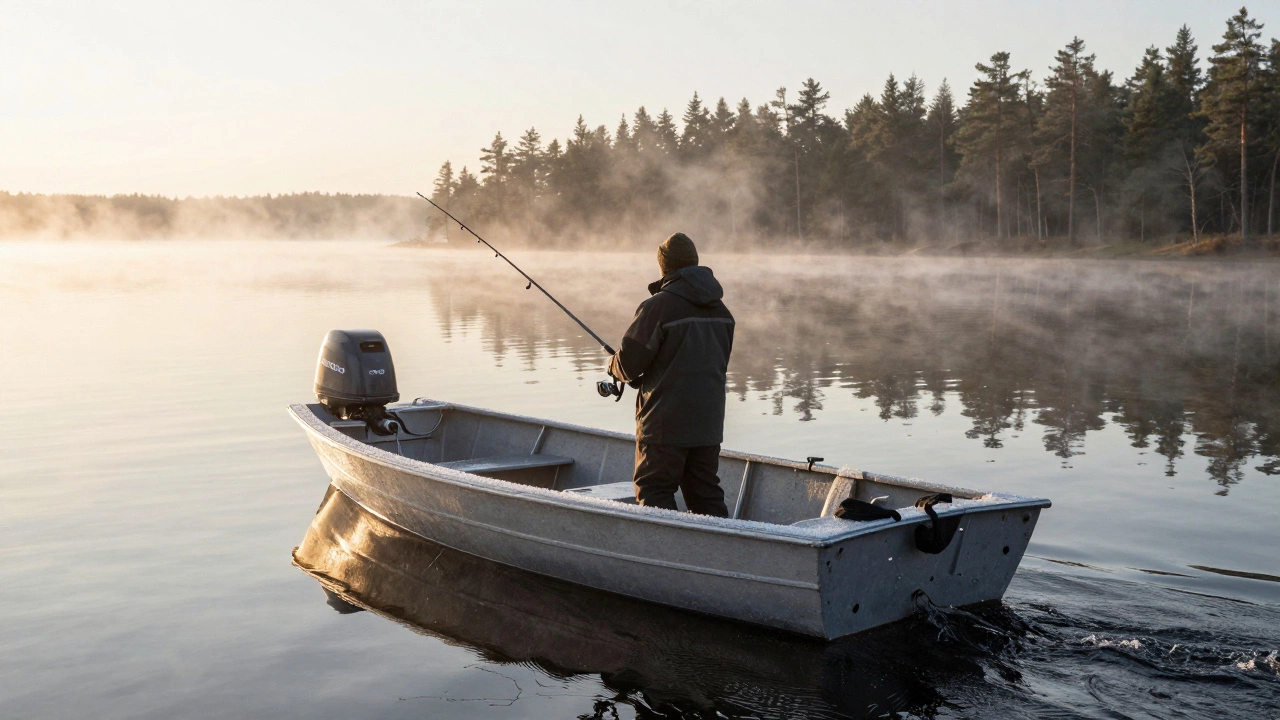 Рыбак на спокойной лодке на рассвете на озере Ладога, удочки на борту, тишина и туман.