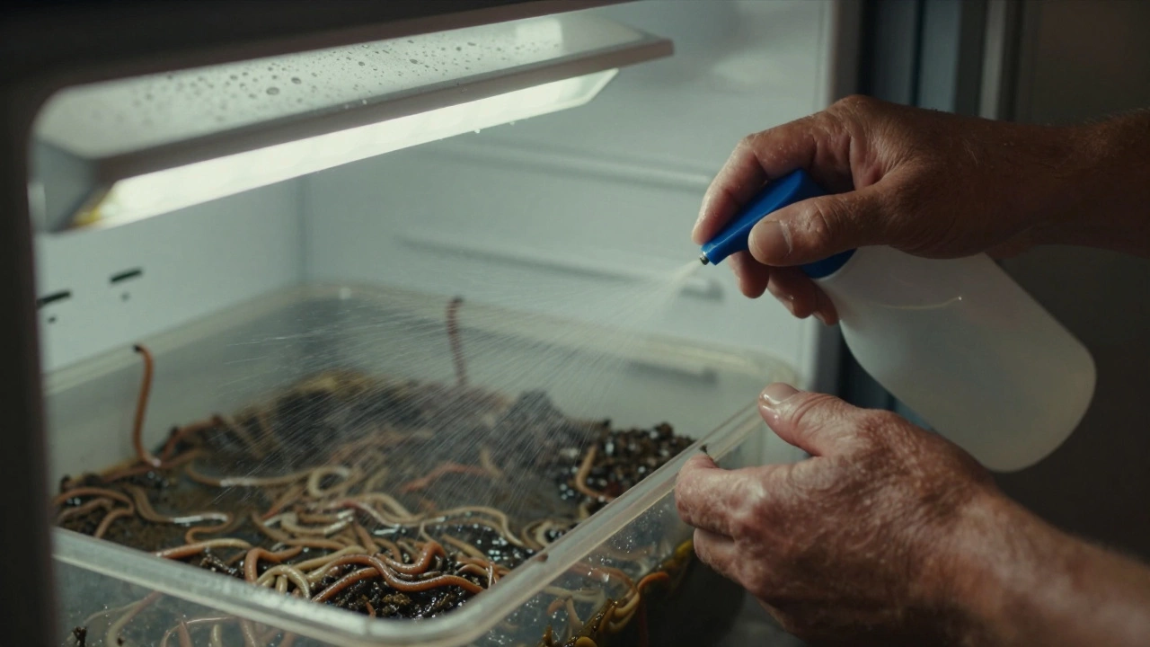 Рыбак опрыскивает червей из пульверизатора в холодильнике, аккуратно ухаживая за наживкой.