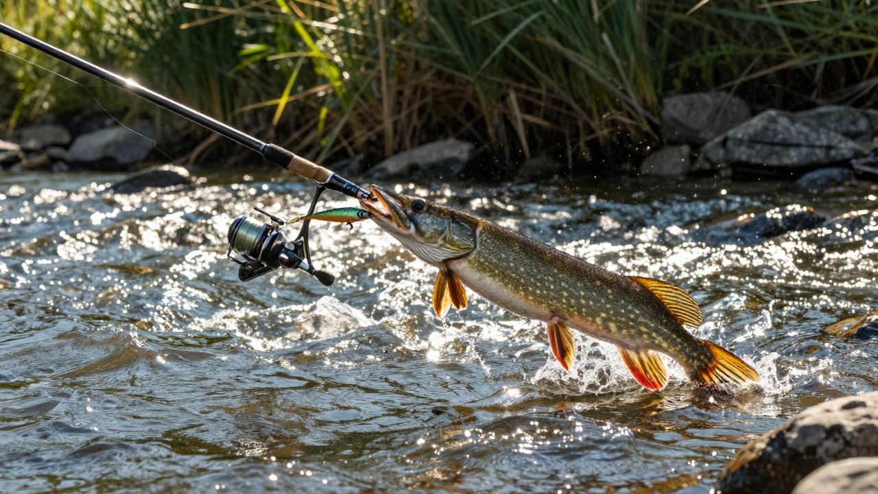 Рыбак забрасывает силиконовую приманку в быструю реку, щука хватает